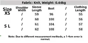 Size chart table for cotton off-shoulder sweatshirt with detailed measurements in cm