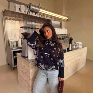 Cardigan en Maille Jacquard Paisley Vintage pour Femmes Coupe Ample Col Montant Fermeture Éclair Chandail Tricoté Manteau