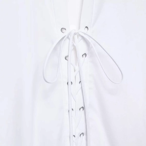 White loose long-sleeve shirt with lace-up collar and silver metal eyelets detail