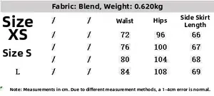 Detailed size chart for summer asymmetric denim skirt with waist and hip measurements