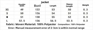 Detailed size chart for pink polka dot woven coat with polyester fabric measurements