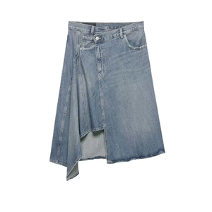 Women's Fashion Asymmetric Denim Skirt High Waisted Light Blue Washed Cotton Blend Irregular Hem Mid-Length A-Line Skirt