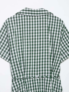 Close-up of green and white gingham shirt dress showing back waist pleats and fabric texture