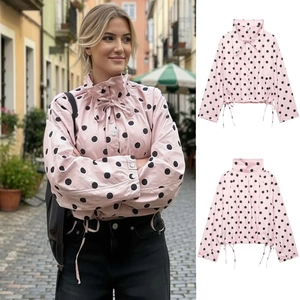 Women's Casual Polka Dot Jacket Pink Fashion Stand Collar Long Sleeve Light Windproof Coat Drawstring Hem Outerwear