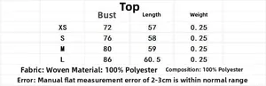 Detailed size chart for summer strapless top with bust and length in XS to L measurements