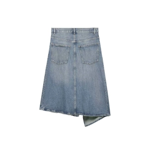 Women's light blue asymmetrical denim midi skirt with high waist and back pockets