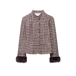 Women's classic plaid tweed short jacket with burgundy faux fur trim and gold buttons