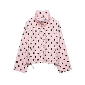 Pink polka dot jacket for women with high stand collar and adjustable drawstring hem