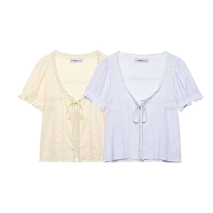 Camicetta da Donna con Scollo a V e Patchwork in Pizzo Manica Corta Dolce Lacci Frontali Maniche a Sbuffo Estate Casual Top in Poliestere
