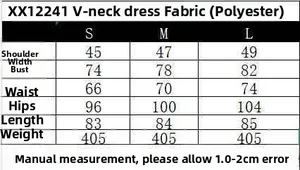 Detailed size chart for the V-neck sleeveless A-line dress in sizes S, M, and L