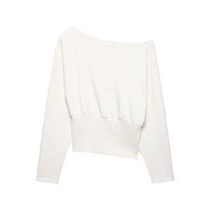 White off-shoulder cotton sweatshirt featuring long sleeves and wide hem waistline