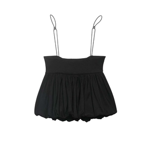 Women's black bubble hem camisole top with thin spaghetti straps and pleated voluminous silhouette