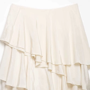 Elegant cream white asymmetric layered ruffle satin midi skirt with a silky finish