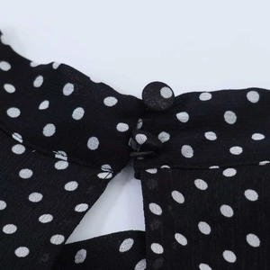 Detailaufnahme des Rückenausschnitts mit Stoffknopf an dem gepunkteten Kleid