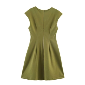 Detailed back view of olive green sleeveless A-line dress featuring a hidden zipper