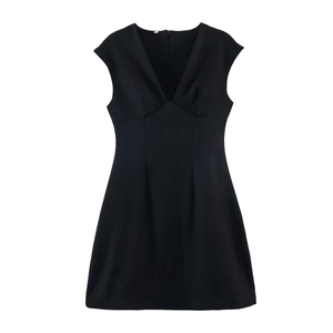 Detailed view of back zipper and inner tag on black V-neck sleeveless A-line dress