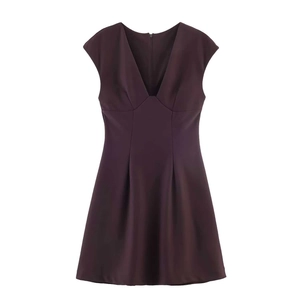 Minimalist V-neck sleeveless A-line dress in deep purple wine red with a fitted waist