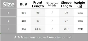 Size chart for women's double-breasted leather jacket with chest and length measurements