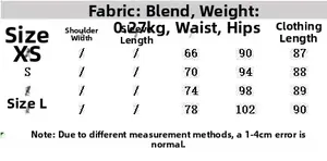 Size guide table for high waist skirt set showing measurements for XS, S, M, and L sizes