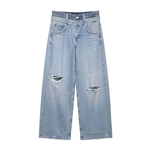 Jean Droit Large pour Femme à Taille Haute avec Double Taille Déchiré Délavé Bleu Clair Pantalon en Denim Streetwear