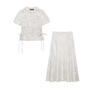 Women French Vintage Plaid Polyester Shirt Top And Midi A-Line Skirt Floral Embroidery Puff Sleeve Drawstring Casual Set