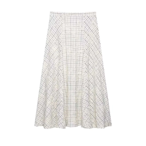 Women's A-line midi skirt with white black plaid pattern and floral embroidery textures