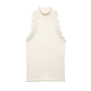 Women Mock Neck Knit Vest Sleeveless Lettuce Edge Lace Trim Ribbed Slim Fit Summer Top Casual Elegant Commute Clothing