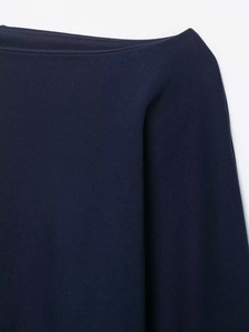 Close-up of navy blue off-shoulder cotton sweatshirt neck and shoulder stitching details