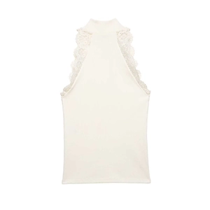Off-white mock neck sleeveless knit vest with delicate lace trim for women