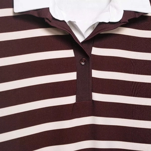 Women's burgundy striped polo shirt with white collar and knit texture detail