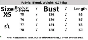 Size chart for women's dark blue denim set showing detailed measurements in centimeters