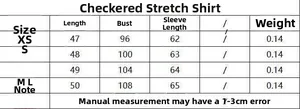 Size guide table for plaid puff sleeve shirt showing detailed measurements in centimeters