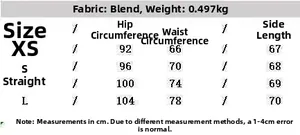 Size chart for dark blue denim set showing waist, hip measurements and length data