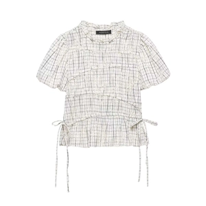 Women's black and white gingham short sleeve top with lace embroidery and drawstring waist