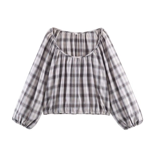 Women Plaid Bubble Sleeve Shirt Round Neck Smocked Hem Vintage Checkered Pattern Long Sleeve Casual Summer Blouse Top