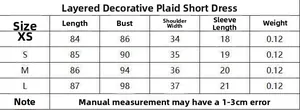 Size chart detail for checkered mini dress showing length, bust, and shoulder measurements
