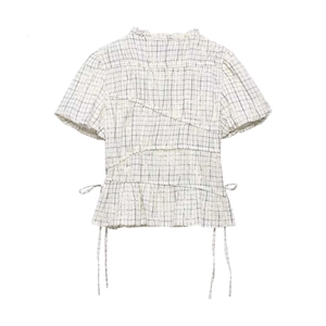 Women's French style white plaid puff sleeve top with ruffle trim and drawstring waist
