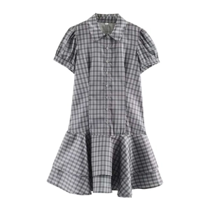 Women Gingham Ruffle Mini Dress Shirt Collar Short Puff Sleeve Tiered Slim Fit Elegant Plaid Summer Short Dress