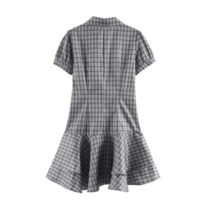 Classic grey gingham short sleeve mini dress with ruffled hem and turn-down collar