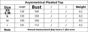 Size chart for asymmetric pleated dress with length and bust measurements in cm