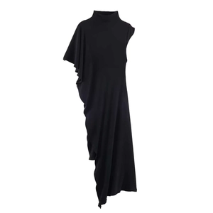 Women Summer Asymmetric Pleated Midi Dress High Neck Short Fly Sleeve Slim Fit Minimalist Casual Elegant Black Bodycon Dress