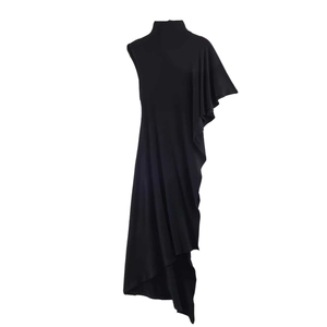 Asymmetric black sleeveless midi dress with ruffle shoulder and pleated draped detail