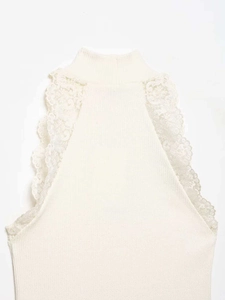 Detail of the high-neck knit top with white crochet lace trim on the shoulder