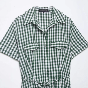 Green and white gingham short sleeve shirt dress with lapel collar and waist belt