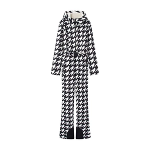 Combinaison de ski une pièce pour femme à motif pied-de-poule noir et blanc avec ceinture