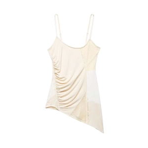 Caraco Femme Sexy Patchwork en Dentelle Top Asymétrique Froncé Sans Manches Abricot Fête Club Cami Débardeur Élégant Coupe Ajustée