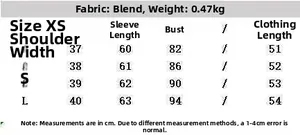 Detailed size chart for vintage jacquard jacket showing measurements from XS to L sizes