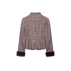 Short plaid tweed jacket with red and black pattern featuring plush faux fur cuffs