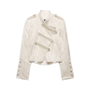 Women's Vintage Military Style Jacquard Jacket Stand Collar Double Breasted Metal Buttons Beige Short Outerwear Coat
