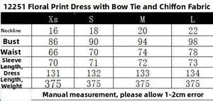 Size chart for summer floral print chiffon dress with waist bow showing measurements